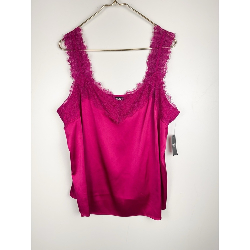 INC Lace Trim V-Neck Satin Camisole Top Womens XL Magenta Pink Layering Cami